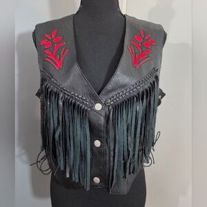 Urban Outfitters Mari Vegan Leather Black Fringe Vest Red Rose Inlay